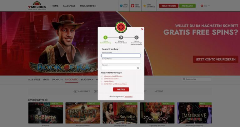 Das Sign Up Fenster des casinos 7melons.ch