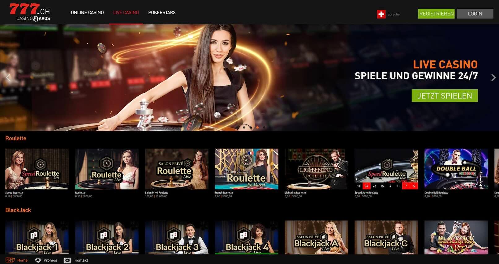 Die Live-Casino Seite des Casinos casino777.ch