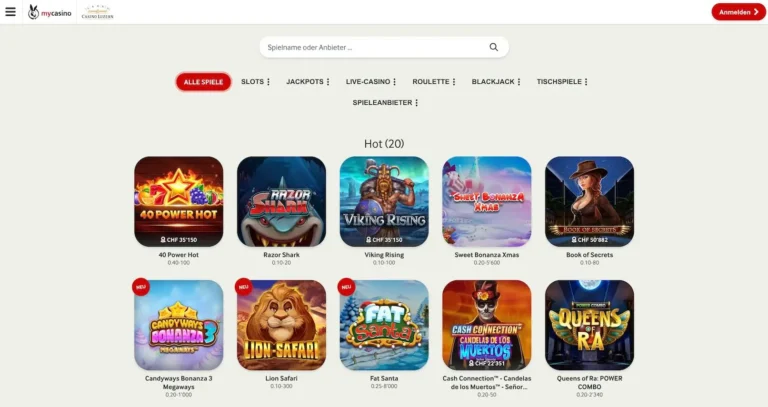 Die Homepage des Casinos mycasino.ch