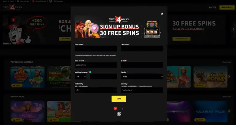 Anmeldeformular für Online-Casino swiss4win