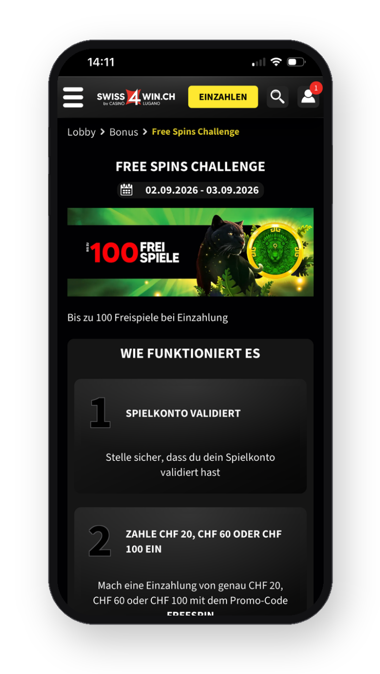 screenshot von swiss4win freespin challenge