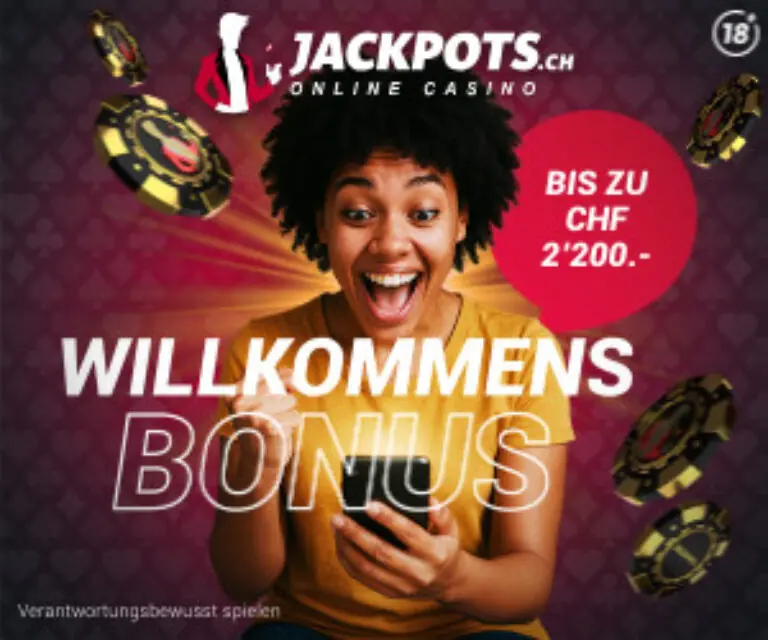 Werbebanner für den Willkommensbonus des Schweizer Online Casinos jackpots.ch