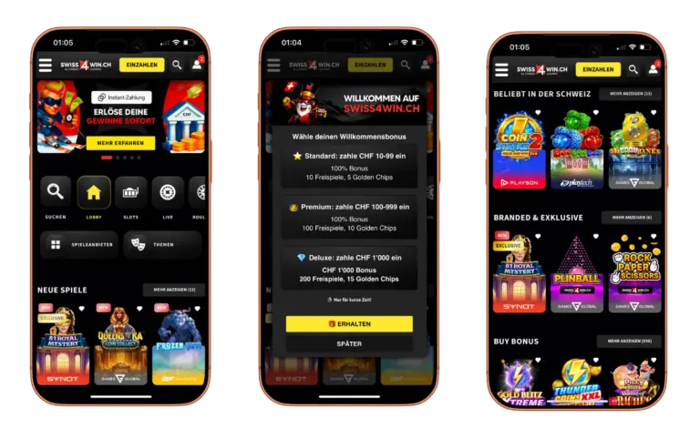 swiss4win.ch auf dem Handy – Mobile Ansicht Schweizer Online Casino