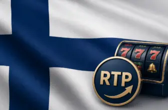 Finnische Flagge mit Spielautomat und RTP Symbol