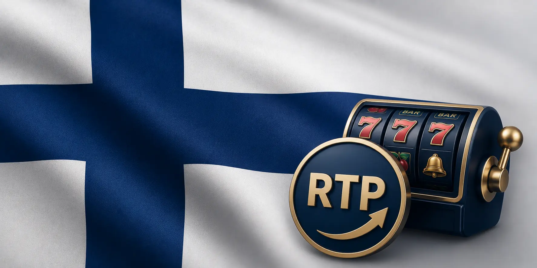 Finnische Flagge mit Spielautomat und RTP Symbol