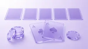 Illustration mit fünf Spielkarten, Assen und Jetons als Symbol für Poker im Online Casino