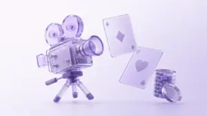 Illustration mit Filmkamera, Spielkarten und Jetons als Symbol für Live Casino Spiele im Online Casino