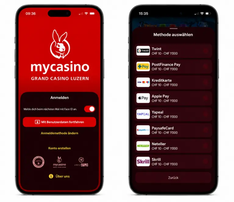 mycasino App: Anmeldung per Face ID und Einzahlungsmethoden TWINT, PostFinance Pay, Kreditkarte, Apple Pay, Yapeal, PaysafeCard, Neteller und Skrill