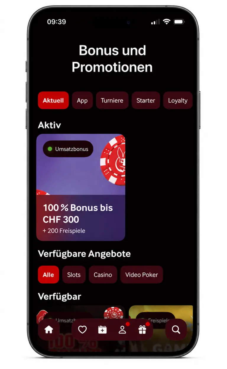 Bonus und Promotionen in der mycasino App: aktiver Umsatzbonus 100 % bis CHF 300 plus 200 Freispiele