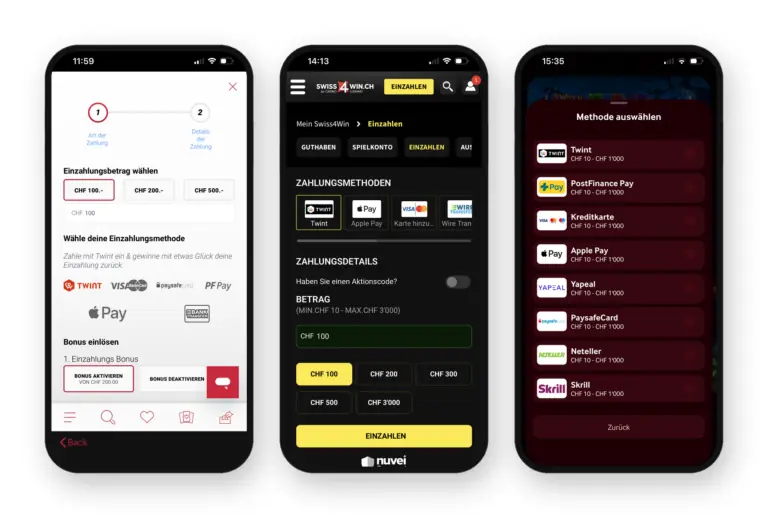Méthodes de paiement proposées par les casinos suisses Jackpots, Swiss4win et mycasino. Sont présentés : Apple Pay, TWINT, Visa, Paysafe, Skrill, Neteller, Paysafecard et PostFinance.