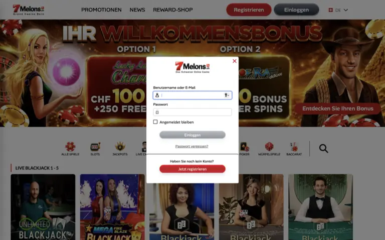Login fenster vom schweizer Online Casino 7melons