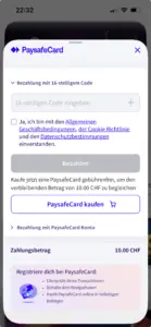 Paysafecard Einzahlung bei mycasino.ch: Bezahlung mit 16-stelligem Code oder PaysafeCard Konto für 10 CHF