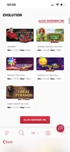 Evolution bei Jackpots.ch: 98 Spiele in der Anbieterübersicht, u. a. Red Baron und Starburst Tap A Roo