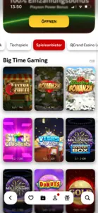 Big Time Gaming Slots bei mycasino.ch: 58 Spiele in der Anbieter-Übersicht, u. a. Bonanza, Extra Chilli und Star Clusters