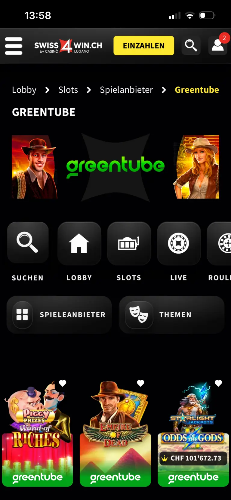 Greentube Spiele bei Swiss4win.ch: Anbieterseite mit Empire of Dead, Piggy Prizes Wand of Riches und Odds of the Gods
