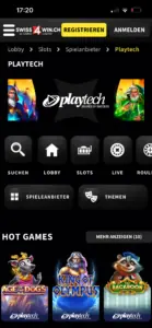 Playtech Anbieterseite bei Swiss4win.ch mit den Hot Games Age of the Dogs, King of Olympus und The Racaroon