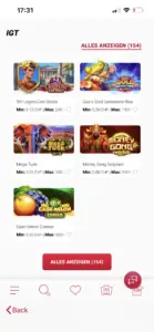 IGT bei Jackpots.ch: 154 Spiele in der Anbieterübersicht, u. a. 9th Legion Coin Boost, Mega Tusk und Money Gong Emperor