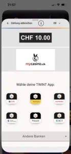 TWINT Einzahlung bei mycasino.ch: Auswahl der TWINT App von UBS, PostFinance, Raiffeisen, ZKB und weiteren Banken für CHF 10