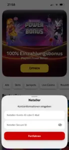 Neteller Einzahlung bei mycasino.ch: Eingabe von Neteller Konto ID oder E-Mail und Secure ID