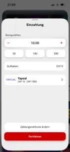 Yapeal Einzahlung bei mycasino.ch: Einzahlungsmaske mit Limit von CHF 10 bis CHF 1'000
