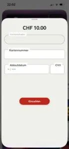 Kreditkarte Einzahlung bei mycasino.ch: Formular mit Karteninhaber, Kartennummer, Ablaufdatum und CVV für CHF 10