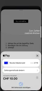 Apple Pay Einzahlung bei mycasino.ch: Zahlung über CHF 10 mit hinterlegter Karte, Bestätigung per Seitentaste