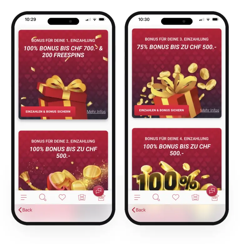 Jackpots.ch Einzahlungsbonus: 100 % bis CHF 700 und 200 Freispiele, danach 100 %, 75 % und 100 % bis je CHF 500 für die 2. bis 4. Einzahlung