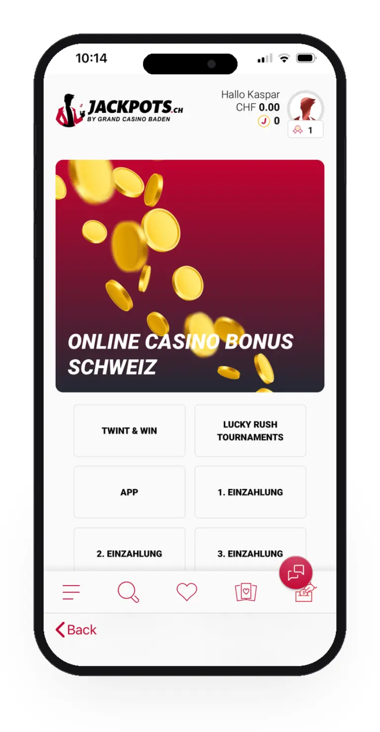 Bonusbereich bei Jackpots.ch mobil: Online Casino Bonus Schweiz mit Twint & Win, Lucky Rush Tournaments, App Bonus und Einzahlungsboni