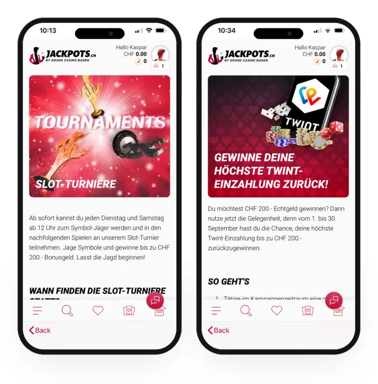 Jackpots.ch Slot Turniere jeden Dienstag und Samstag mit bis zu CHF 200 Bonusgeld sowie TWINT Aktion mit bis zu CHF 200 zurück