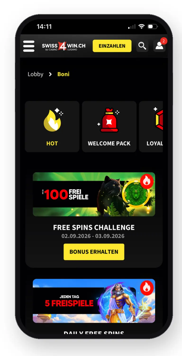 Bonusbereich bei Swiss4win.ch mobil: Kategorien Hot, Welcome Pack und Loyalty, Free Spins Challenge mit 100 Freispielen und Daily Free Spins