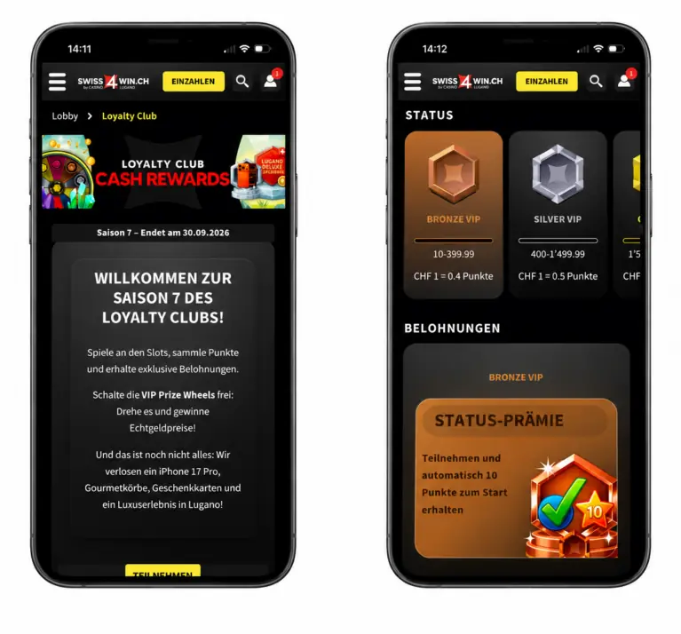Swiss4win Loyalty Club Saison 7 mit den VIP Stufen Bronze und Silver sowie einer Status Prämie von 10 Punkten