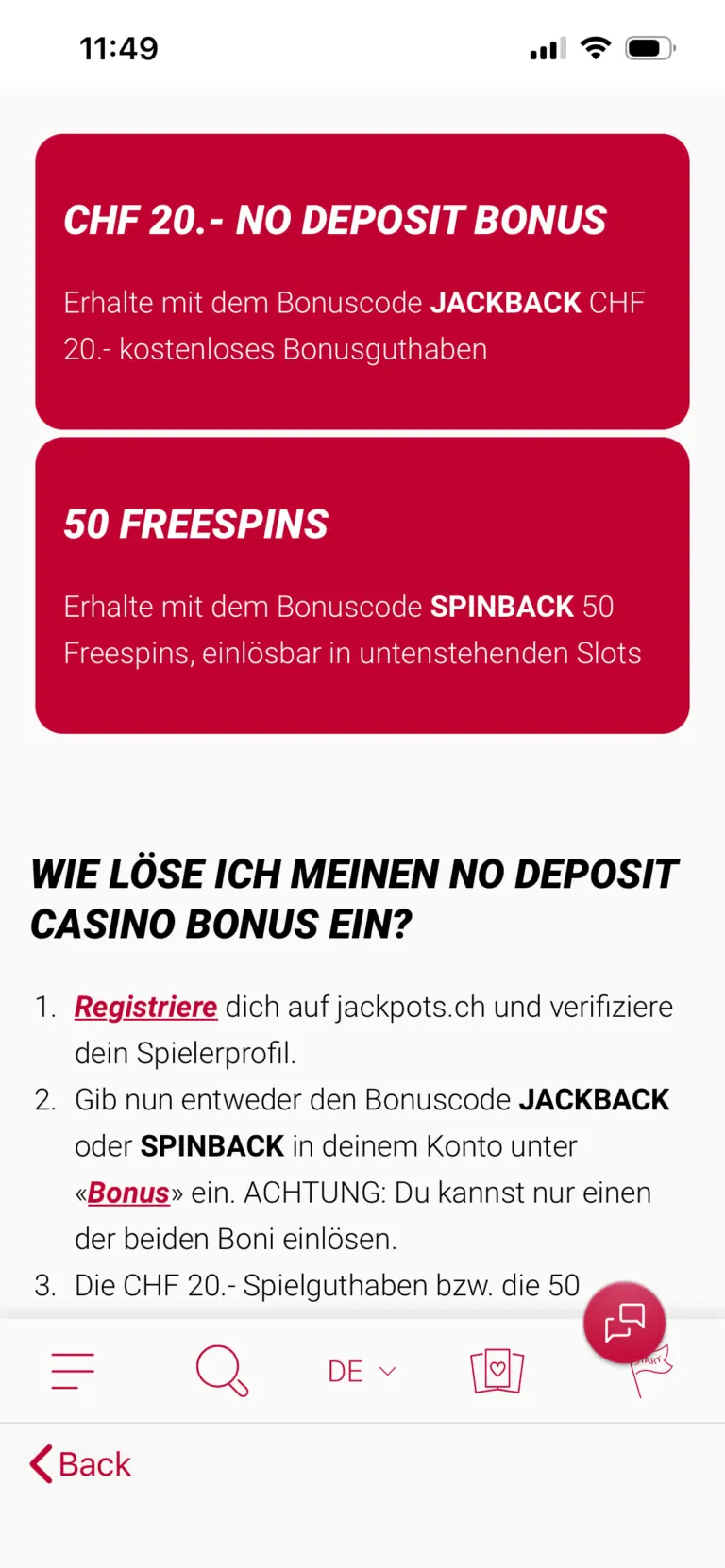 Capture d'écran de l'offre « sans dépôt » du casino en ligne suisse Jackpots.ch
