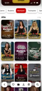 Blackjack bei mycasino.ch: 175 Tische in der Übersicht, u. a. Lobbys von Pragmatic Play, Evolution und Playtech