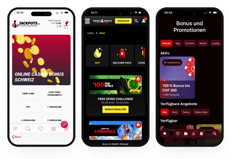 Comparaison des sections « Bonus » de Jackpots.ch, Swiss4win.ch et mycasino.ch sur mobile