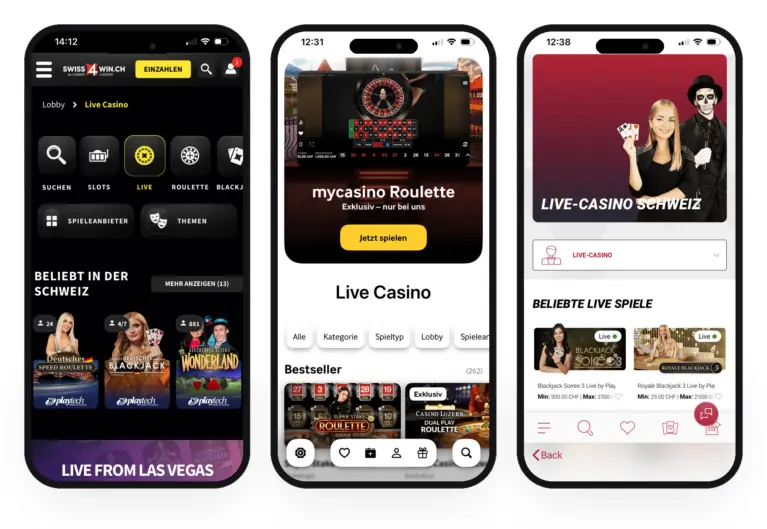 Live casino sur Swiss4win.ch, mycasino.ch et Jackpots.ch : tables de roulette et de blackjack en direct sur mobile