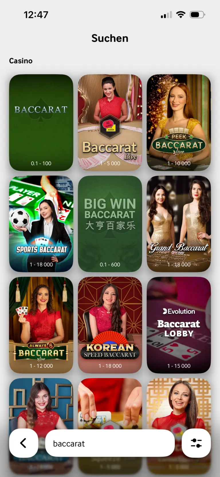 Baccarat bei mycasino.ch: Suchergebnisse mit Peek Baccarat, Sports Baccarat, Grand Baccarat und Korean Speed Baccarat