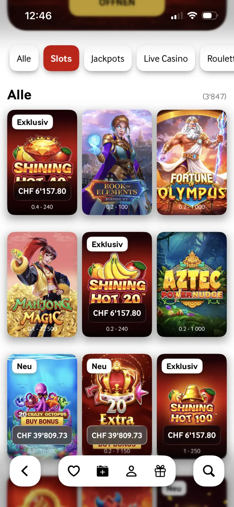 Slots sur mycasino.ch : aperçu de 3 847 machines à sous, dont Shining Hot 40, Fortune of Olympus et Aztec Powernudge avec affichage du jackpot